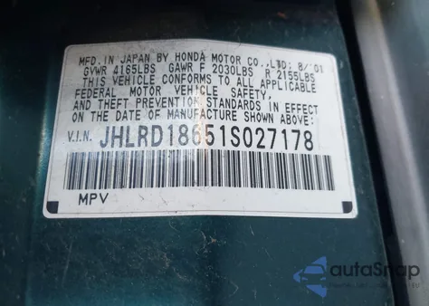 2001 Honda Cr-V Ex из США, поврежденный, VIN JHLRD18651S027178